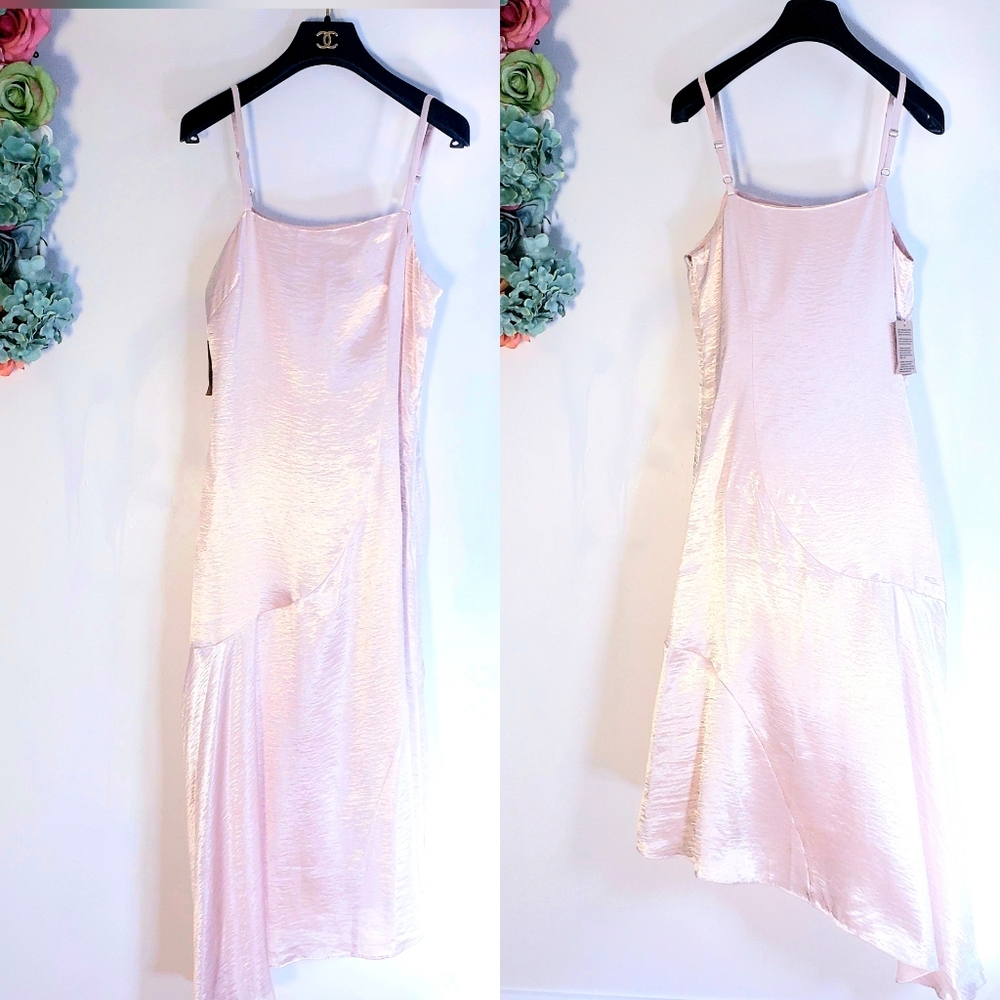 RACHEL ROY Dress Midi Asymmetrical Slip Dress Maxi Nude Satin Glossy Cocktail - Picture 5 of 10